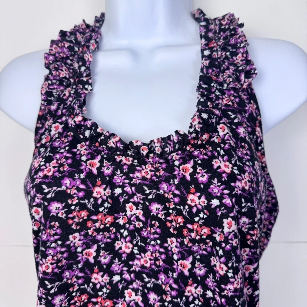 Self Esteem Tank Top Women Large Purple Floral Ruffle Bow Racerback Blouse
